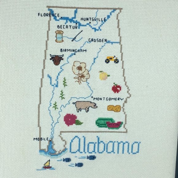Wall Decor Alabama State Map Cross Stitch Framed Embroidery